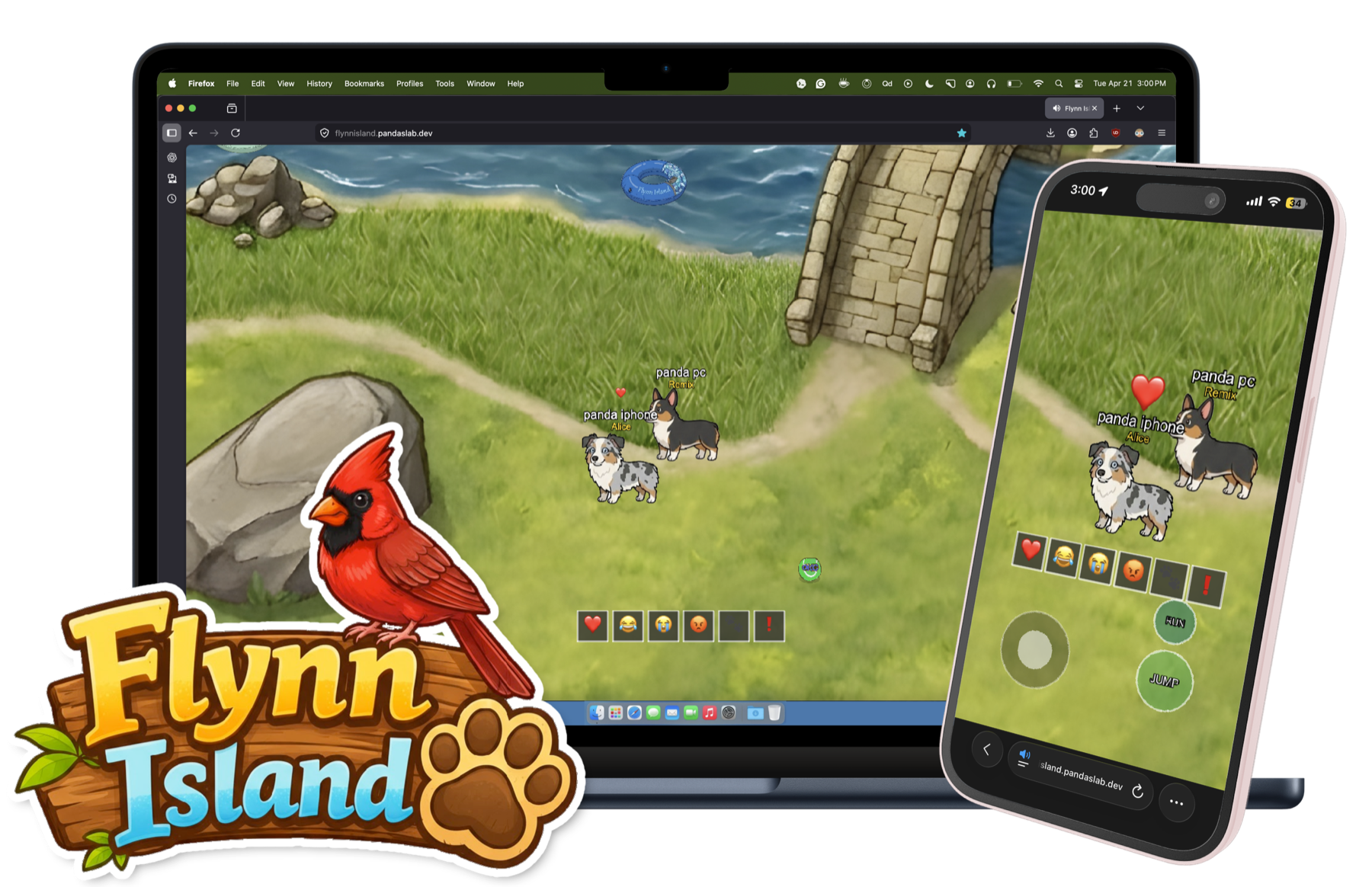 Flynn Island game shown across desktop and phone mockups