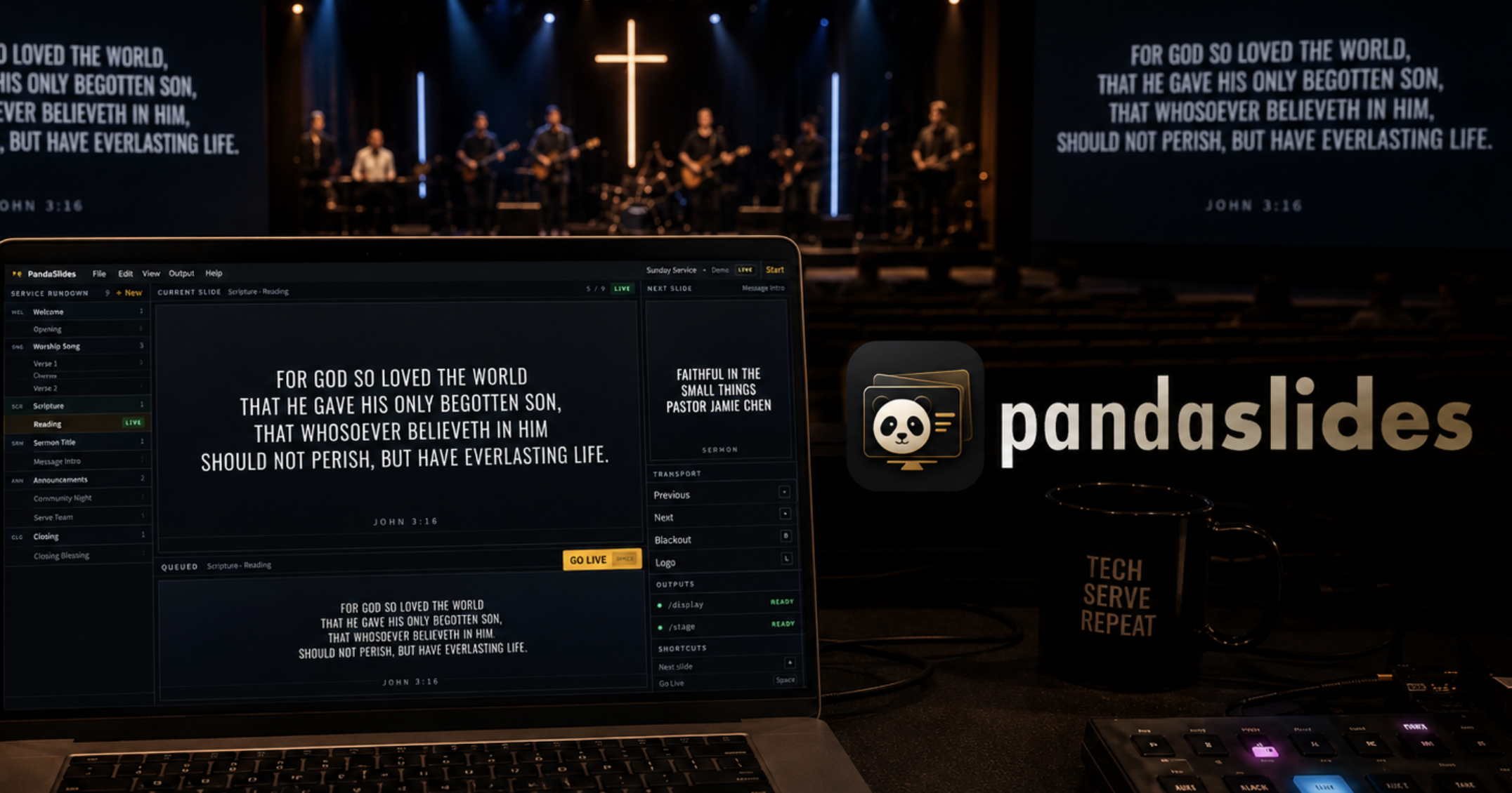 PandaSlides live presentation software shown on a church stage